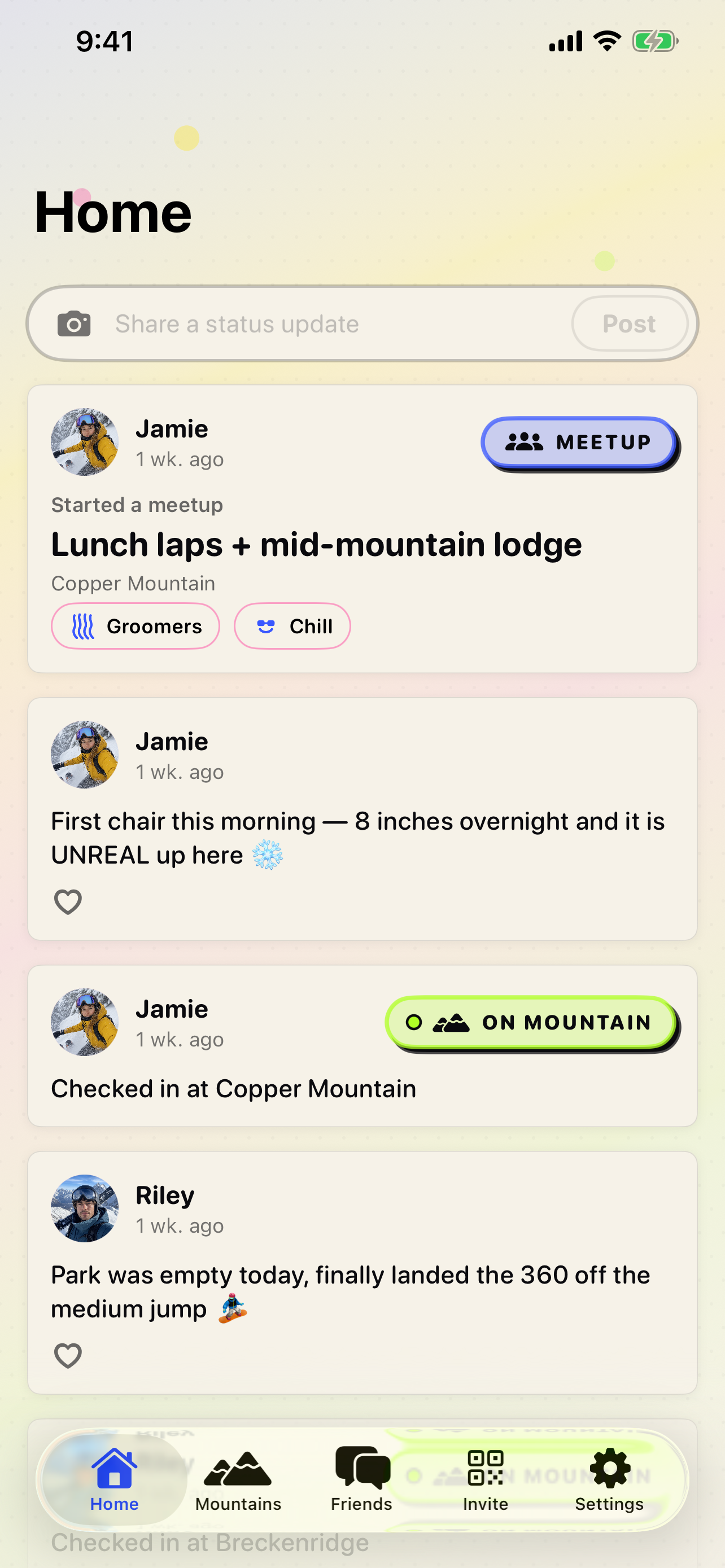 HotLaps iOS app home screen showing a status field and a feed of recent ski event activity, posts and mountain check-ins.